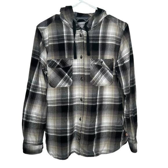 Carhartt Flannel Plaid Hooded Medium Button Down Shirt Oversized Gray Tan - Picture 1 of 6